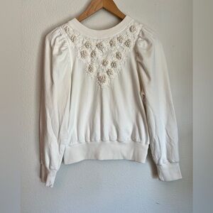 By Anthropologie Embroidered Sweatshirt White Floral Puff Sleeve Women’s Small